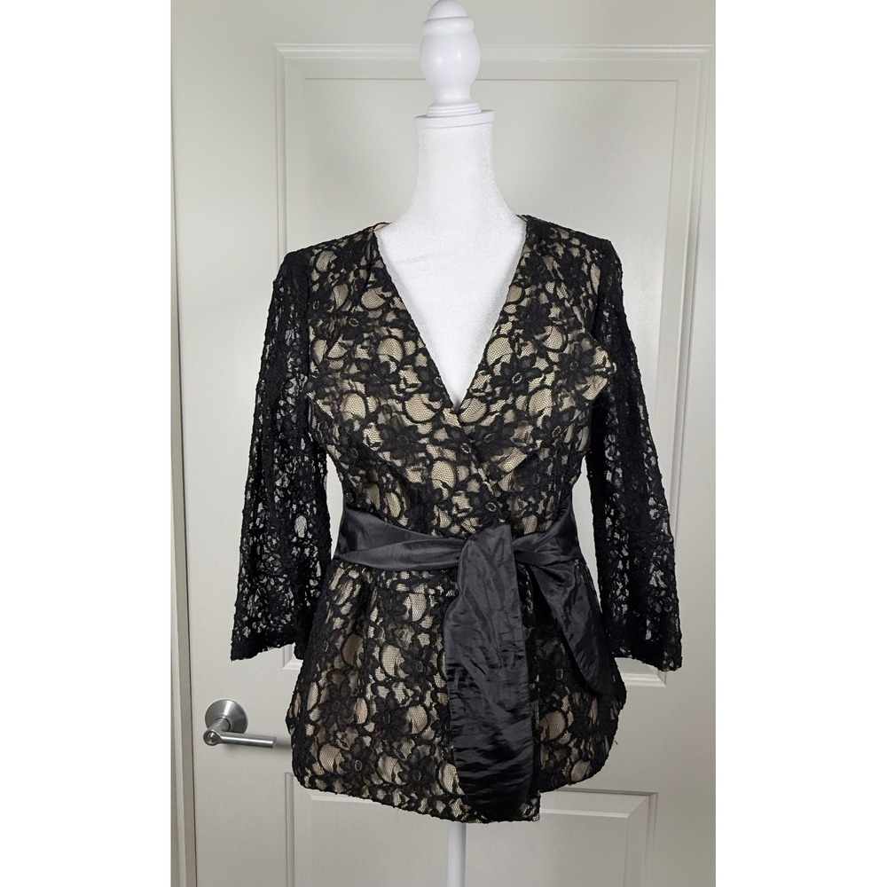 Marina Black Lace Wrap‎ Top Black Tie Cocktail Sheer Sleeve Sash